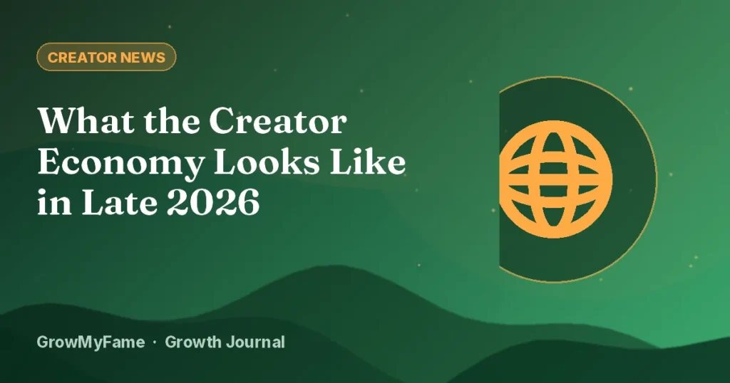 Globe surrounded by small icons for video, money and AI, representing the late-2026 creator economy